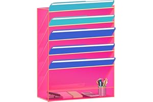 Gelite Hanging File Organizer Acrylic Wall File Holder for Office Vertical Paper Organizer Wall Mounted Magazine Rack, 5 Pock