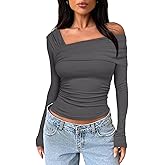 Darong Women's Off Shoulder Tops Y2K Shirt Slim Fit Ruched Crop Top Long Sleeves Spring Fall Blouse Going Out Shirt