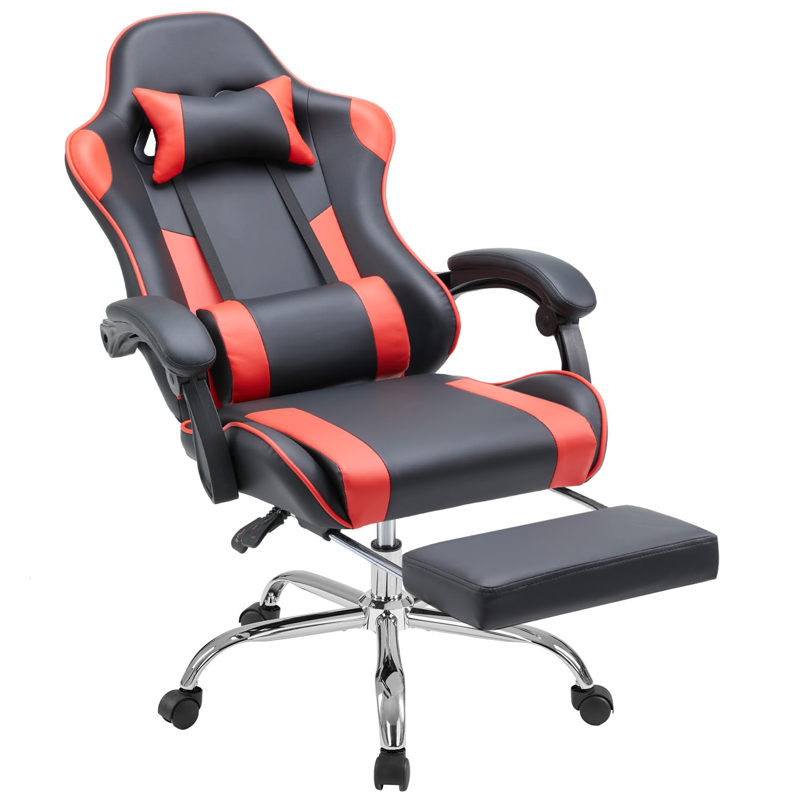 NEWBULIG Gaming Chair with Footrest – Ergonomic High-Back with Lumbar & Headrest Support, Comfy PU Leather Recliner with Linkage Armrests, Adjustable Height, 360° Swivel, Red