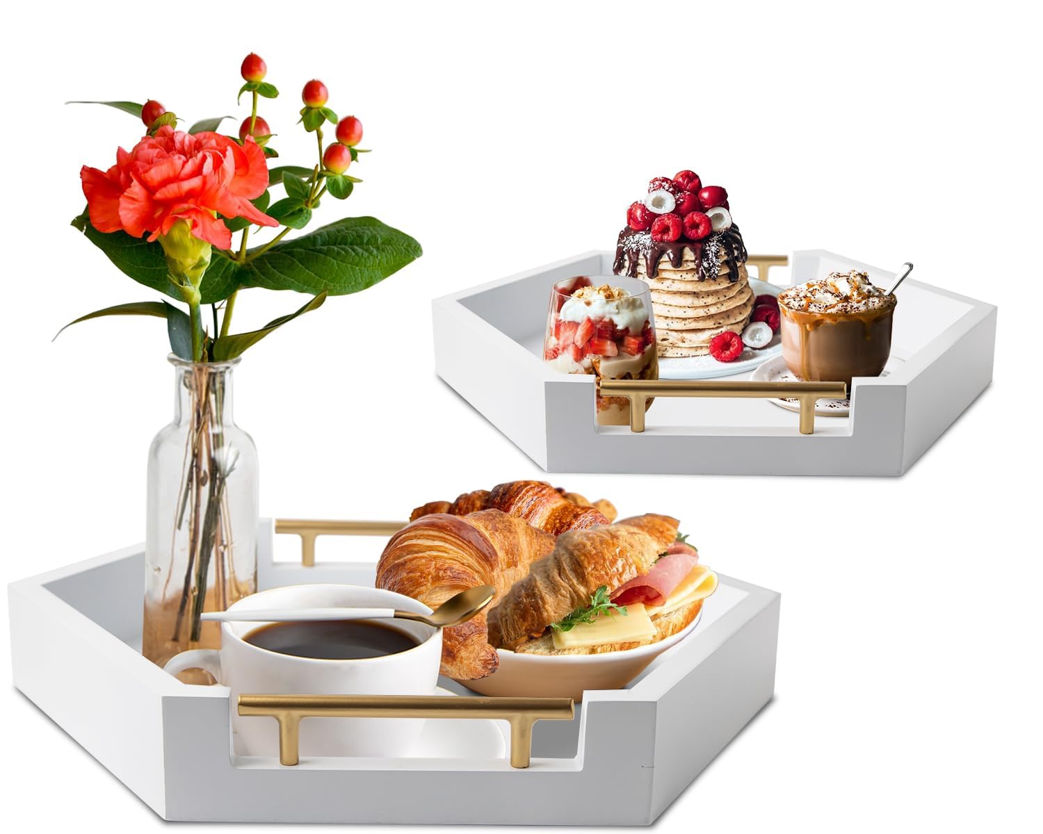 Photo 1 of ***MISSING ONE*** ***MINOR DAMAGE*** Comfify Honeycomb Wooden Serving Trays with Golden Handles – Set of 2 Hexagon Nesting Trays – Large and Small Wood for Food, Ottoman Decor, Coffee Table, Kitchen, Breakfast - White