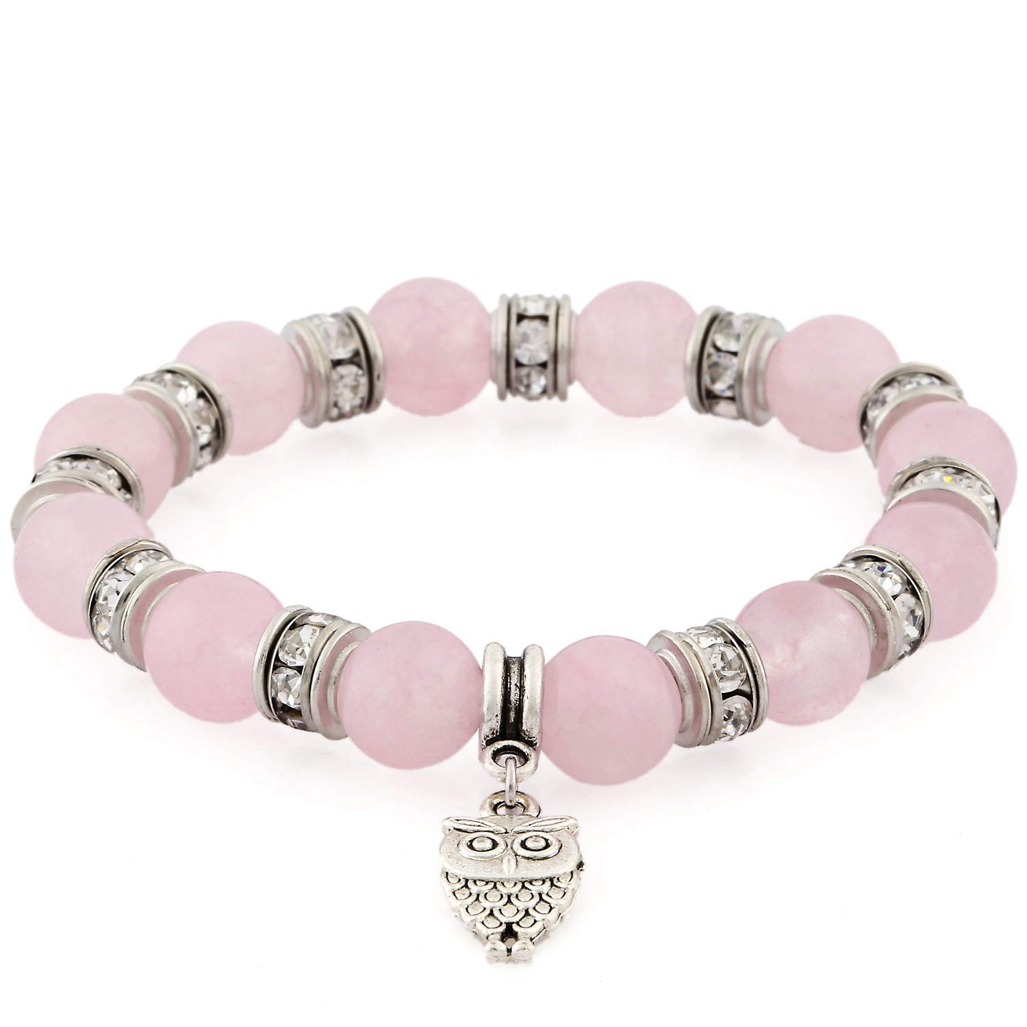 Morella Women's Bracelet Elastic with Owl Pendant and Stone Beads Light Pink