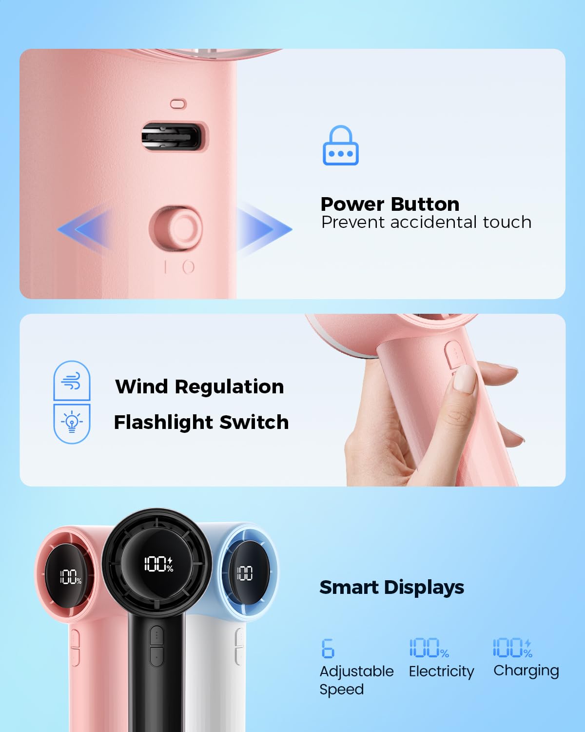 SWEETFULL Portable Handheld Fan Rechargeable - 6 Gear High Speed Powerful Mini Turbo Fan with Flashlight, Digital Display, Personal Fans Blow Cold Air for Travel Essentials, Gift for Women Men (Pink)