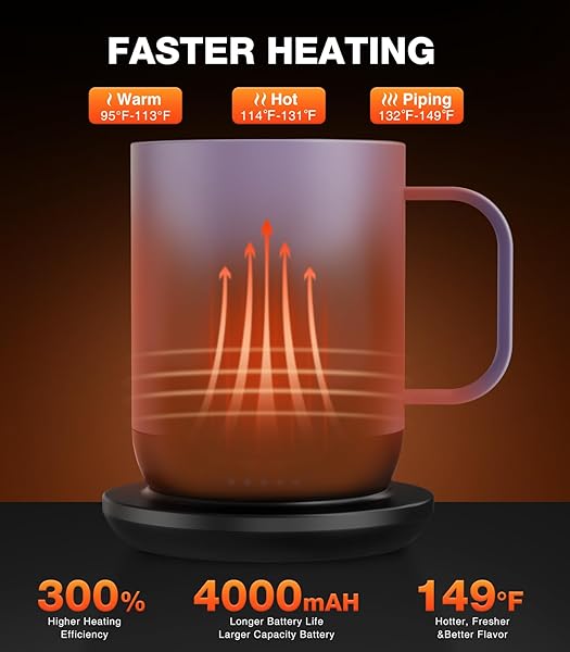 KEPWAM SELF HEATING COFFEE MUG T1-16OZ FAST HEATING & ULTRA LONG-LASTING BATTERY LIFE, HEATED COFFEE MUG UP TO 149℉ – TOUCH & APP CONTROLLED COFFEE MUG, BIRTHDAY GIFTS FOR WOMEN AND MEN