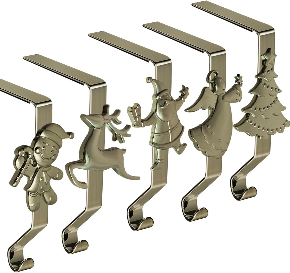 Ornament Hooks - Christmas Stocking Holder for Mantle Set of 5, Reusable Christmas Stocking Hooks, No-Damage Xmas Hanger for Fireplace mantle Grip Stand Christmas Decoration Ornaments Hanging Sliver Shelf Floor