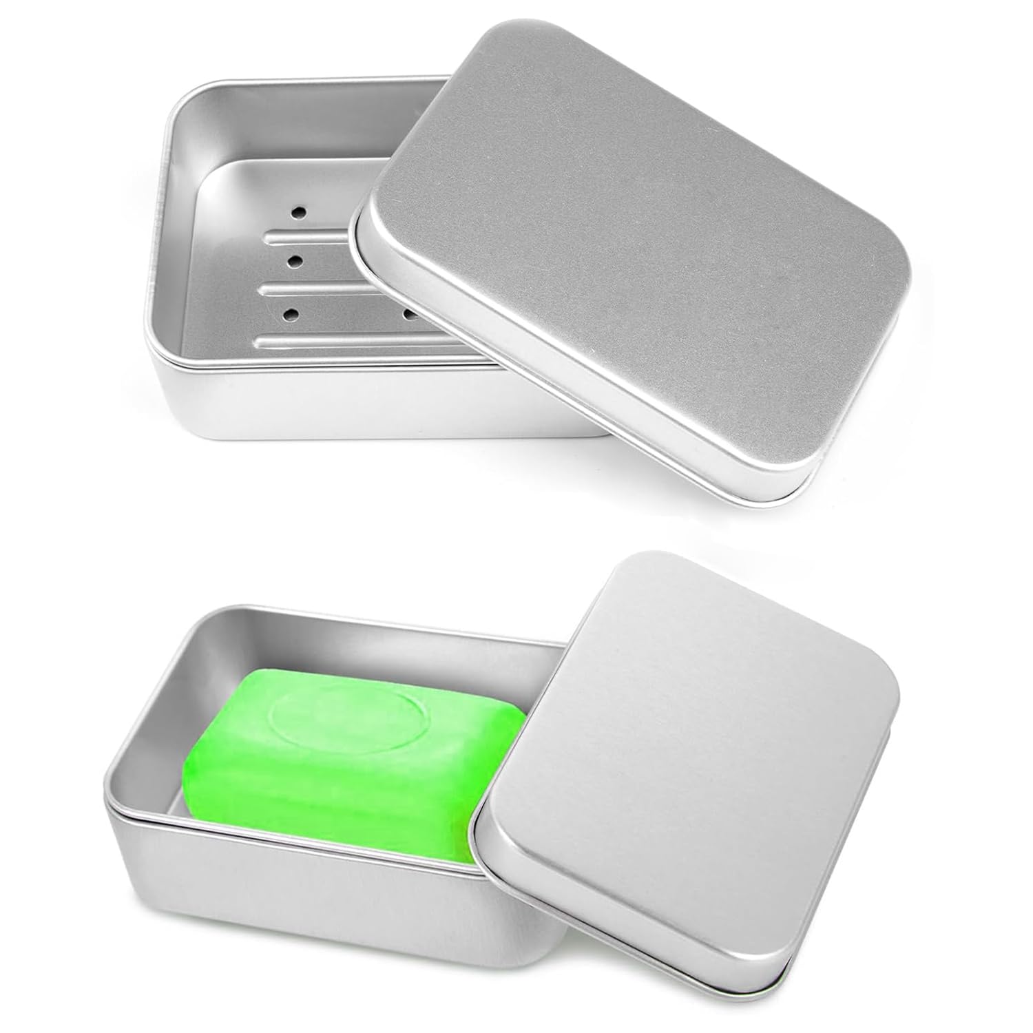 YPYMOD 2 PCS Aluminum Soap Dish Holder, Travel Soap Container, with Removable Draining and Lid, Soap Tin with Removable for Bathroom, Kitche, Soap, Solid and Shampoo etc(Silver)