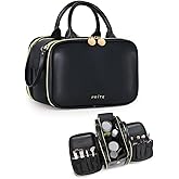Prite Makeup Bag for Women, Large Capacity Waterproof Travel Cosmetic Organizer, Portable Open Flat Toiletry Bag with Free-standing Brush Holder and Handle(Black Medium)