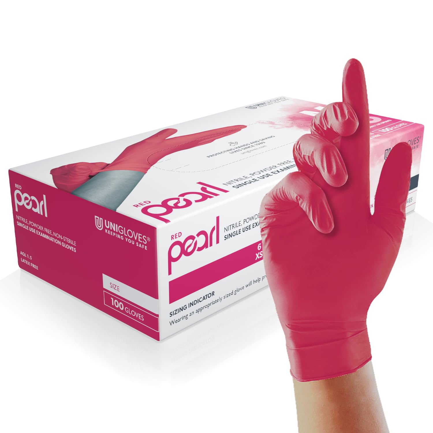 Unigloves Red Pearl Nitrile Examination Gloves - Multipurpose, Powder Free and Latex Free Disposable Gloves - Box of 100 Gloves, Red, Large (GP0064)