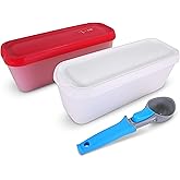 LIN Insulated Ice Cream Containers 2-Pack with Serving Scoop - 1.6 Quart Reusable Rectangle Dessert Storage Tubs for Homemade Ice Cream, 1 Red & 1 White Lid - Non-BPA Plastic - Dishwasher-Safe