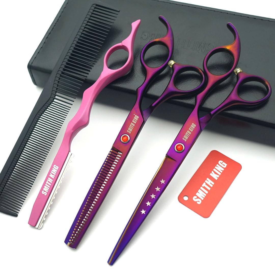 Smith King 7.0 inch Hair Scissors Set with Thinning Scissors, Razor, Combs - Durable Stainless Steel, Ergonomic Design, Adjustable Tightness, 3 Months Unconditional Return