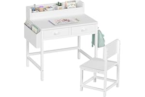 BOLUO White Kids Desk and Chair Set for 5-8 Year Old, Small Child Desk with Fabric Drawer, Children Study Table with Storage Girls Boys