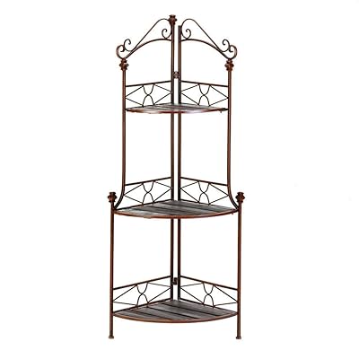 Globe House GHP Rustic Wood Tones Scrollwork Corner Baker’s Rack