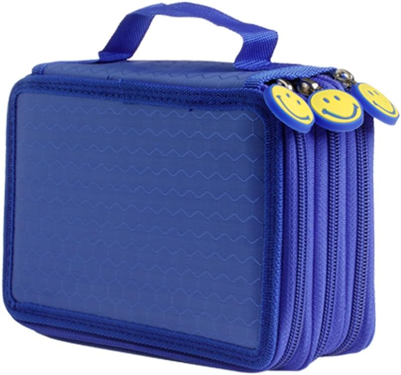 UncleS 52 Holes Pencil Case with Zipper, Smile Art Oxford Cloth Pen Stationery Pocket Makeup Bag for Girls Women Kids Adults, Home Office School Supplies, 7.87 x 4.92 x 2.36 inches/20 x 12.5 x 6 cm (Blue)