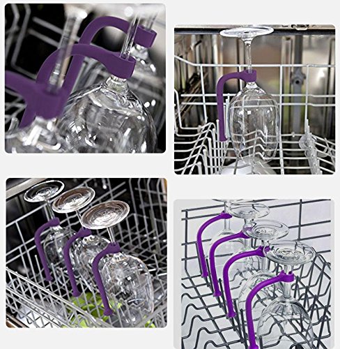 (4 Pack) Tether Stemware Saver Set -Flexible Dishwasher Stabilizer Holder for Wine Glasses-Purple