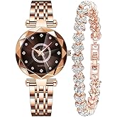 Women Watches with Bracelet Rose Gold for Lady Elegant Stainless Steel Strap Fashion Analog Creative Diamond Dial Wrist Watch