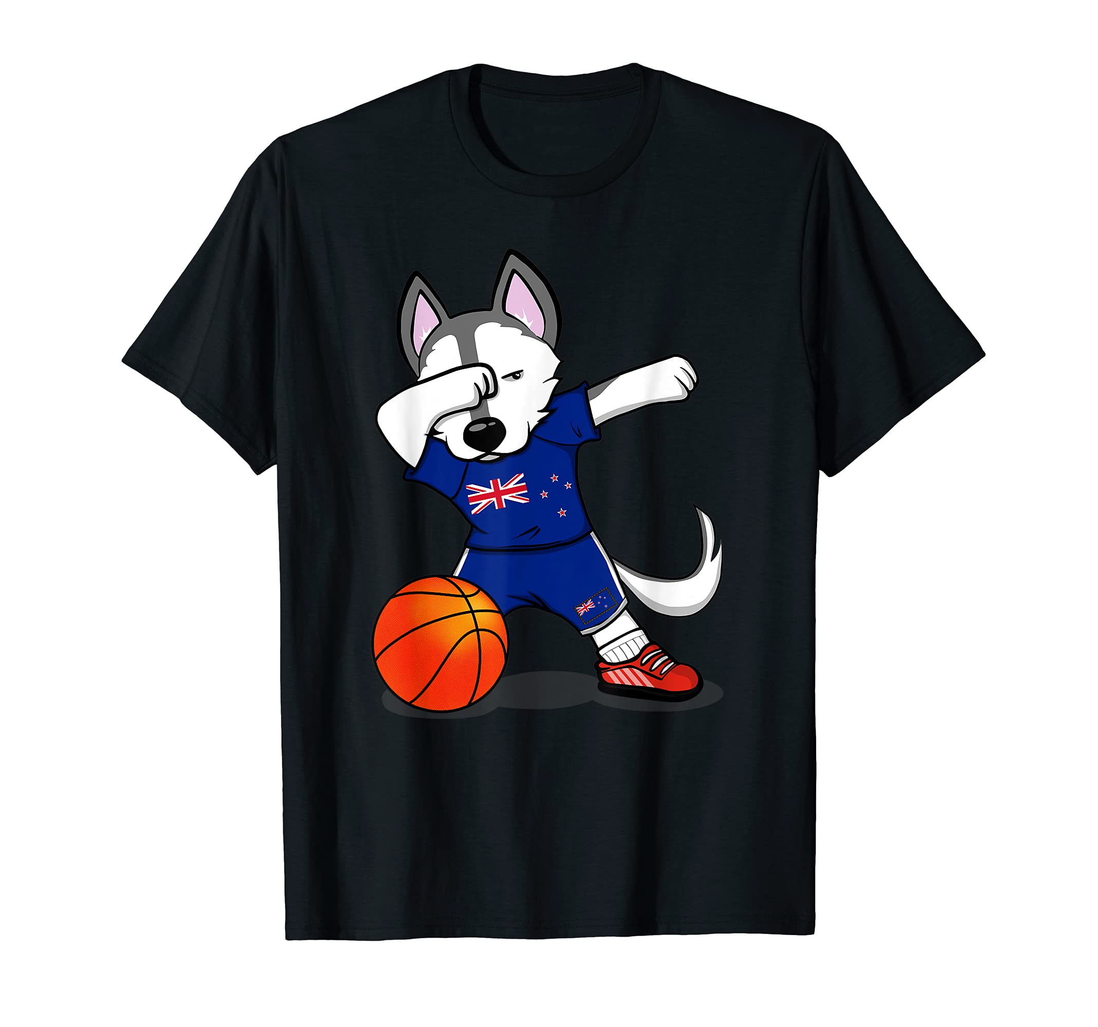 Dabbing Husky Dog New Zealand Basketball Fans Jersey Flag T-Shirt