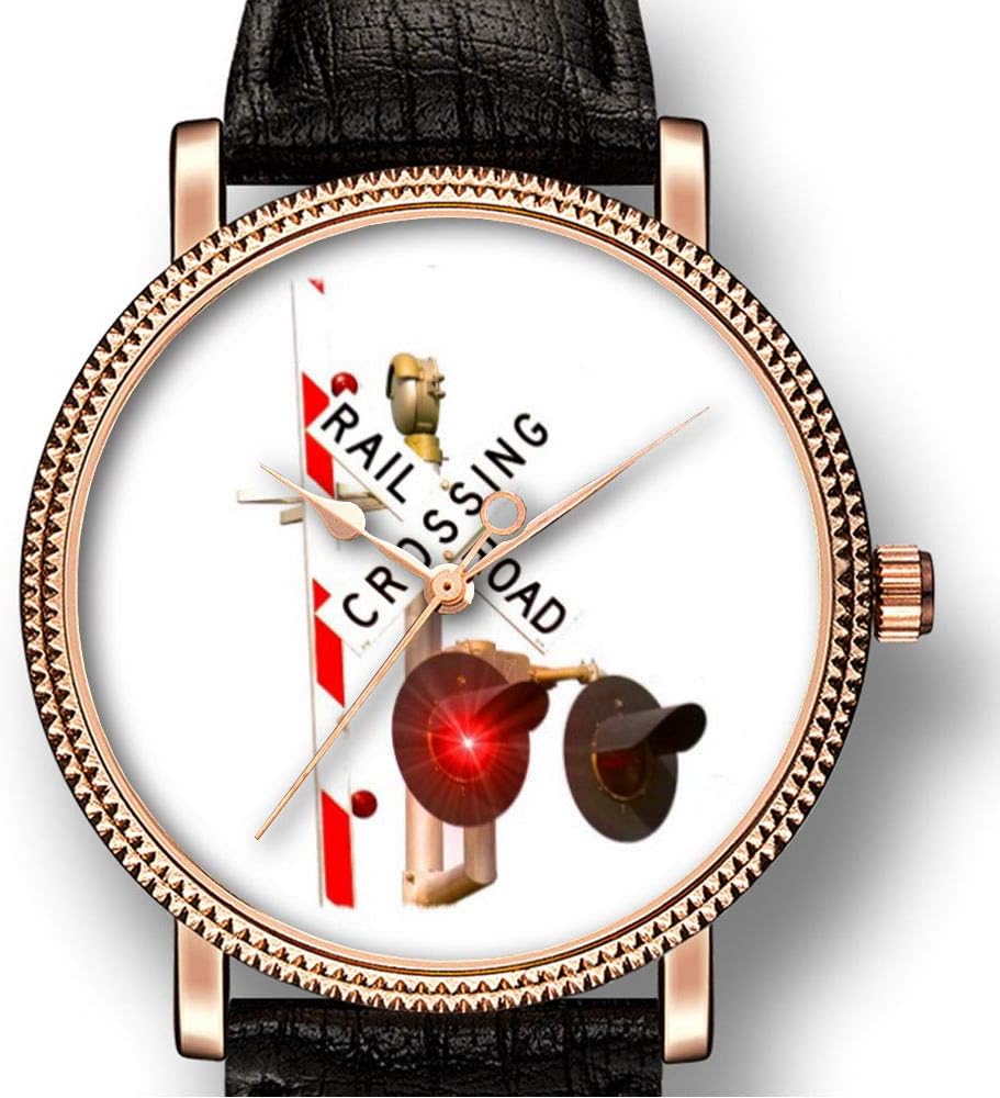 Personality Art Men's Goldtone Watch Quartz Leather Casual Watch-087.Railroad Crossing Signal Gate Wrist Watch