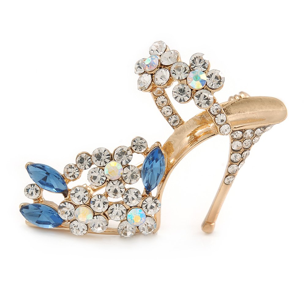Clear/Blue Crystal Sexy High Heel Shoe Brooch In Gold Plated Metal - 45mm