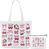 Aesthetic Bow Cherry Canvas Tote Bag Beach Tote Bag for Women with inner Pocket, Cute Bow Lover Appreciation Gifts for Women Girls Daughter Birthday Reusable Shopping Grocery Bags with Makeup Bags