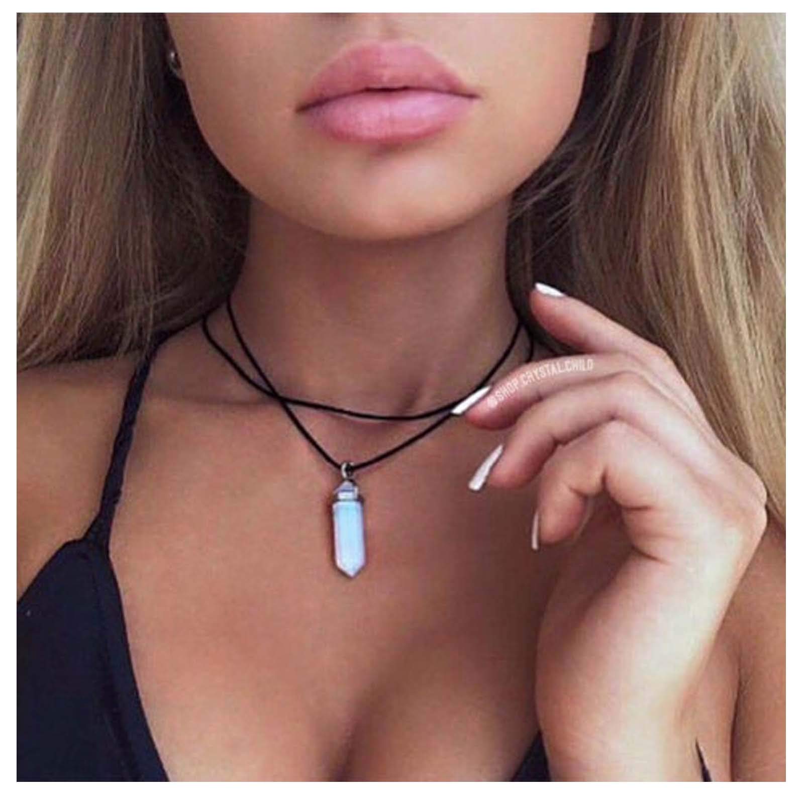 TseenYi Boho Necklace Hexagonal Moonstone Pendant Necklace Black Layered Suede Necklaces Choker Short Black String Gothic Necklaces Jewelry for women and Girls