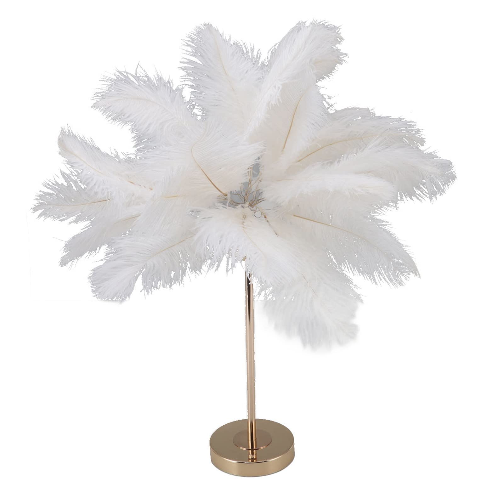 White Feather Table Lamp, Touch Switch 3 Color Dimming Cordless USB Charging 30pcs Ostrich Feather Lamp, Nightstand Lamp, Desk Night Light with Gold Metal Base for Bedroom, Wedding