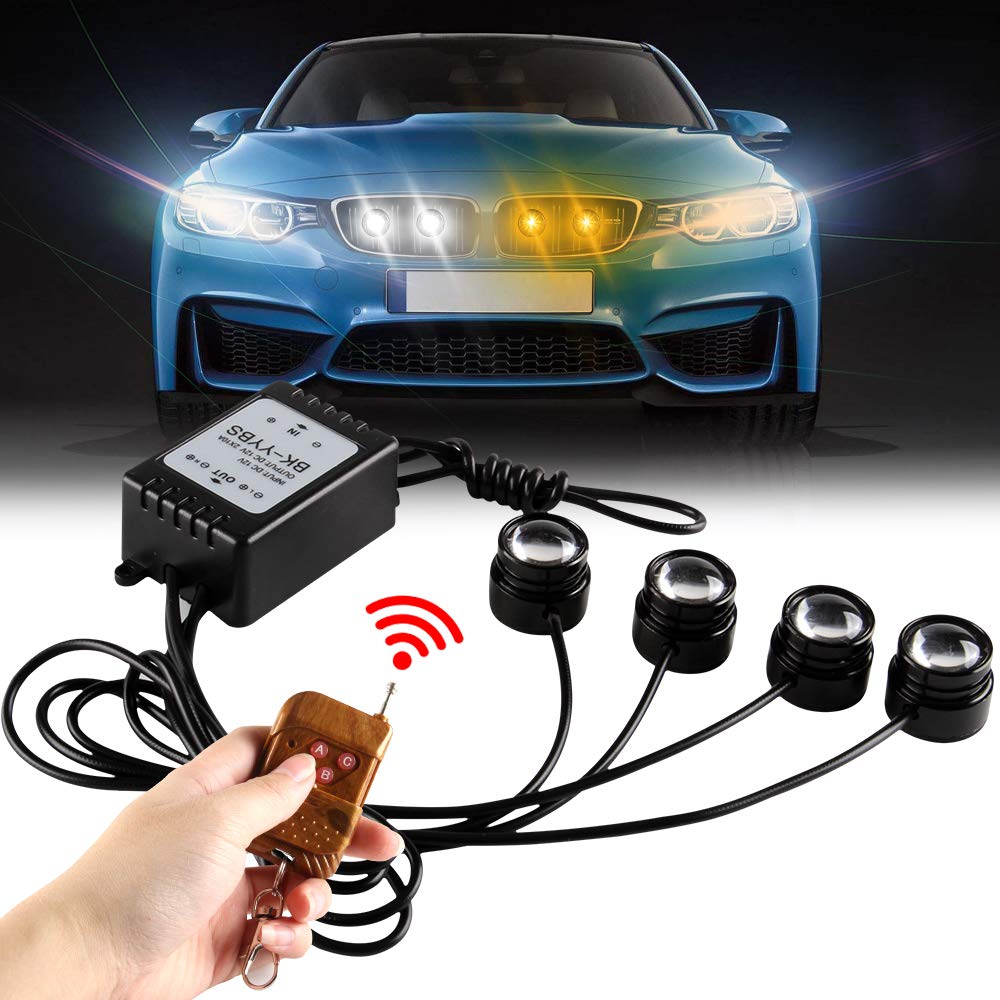 yifengshun 4 In 1 Eagle Eye LED Strobe Emergency Grille Bar Lights Hazard Flashing Warning Beacon Lights for Car Vehicle Truck Eagle Eye LED Wireless Remote Control DC12V (Amber&White)