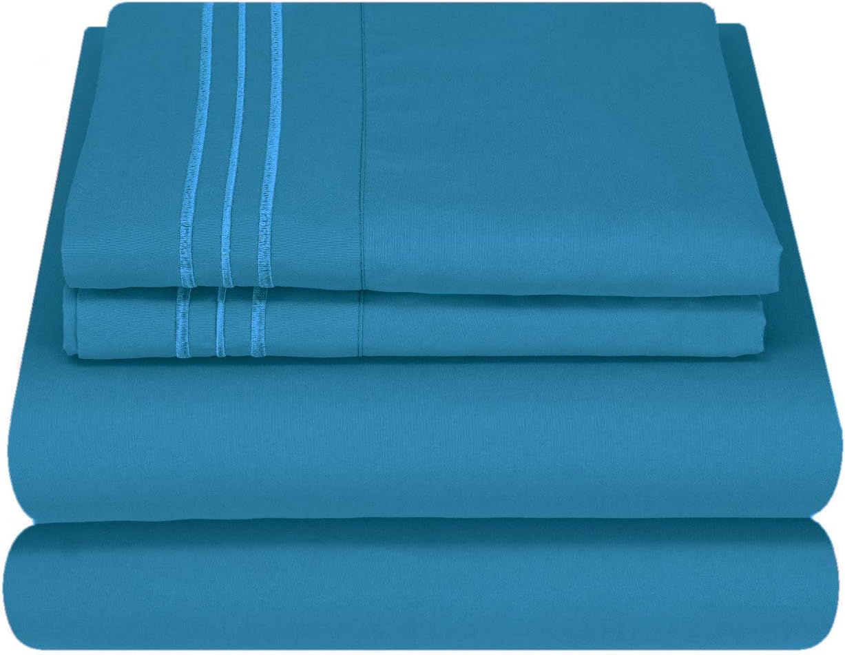 MezzatiBrushed Microfiber Bed Sheet Set - Ultra Soft and Lightweight for Ultimate Sleep Comfort, Wrinkle Free and Color Fade Resistant, 4 Piece Set (Stunning Blue,Queen Size)
