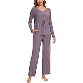 GYS Womens Pajama Sets Viscose from Bamboo Long Sleeve Pleated Tops and Lounge Pants with Pockets Soft Knit Sleepwear Pjs