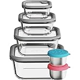 COSYSHINY Glass Food Storage Containers with Silicone Glass Lids, Stainless Steel Salad Dressing Containers, LeakProof Food Containers Set, 4-pack 10-18-28-35 oz（Grey）