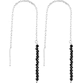 NJCRAFT Threader Earrings for Women with Gemstone Beads - 2mm Natural Gemstone, Adjustable Pull-Through Long & Short Dangle Design, 3+1 Inch Silver Plated Earrings, Lightweight Crystal Jewellery Gift