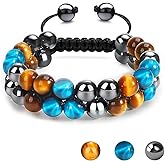 Tiger Eye Bracelet, MIDON Triple Protection Bracelet for Men Women, Handmade Tiger Eye Beads Hematite and Black Obsidian Natural Stone Healing Energy Crystal Bracelets