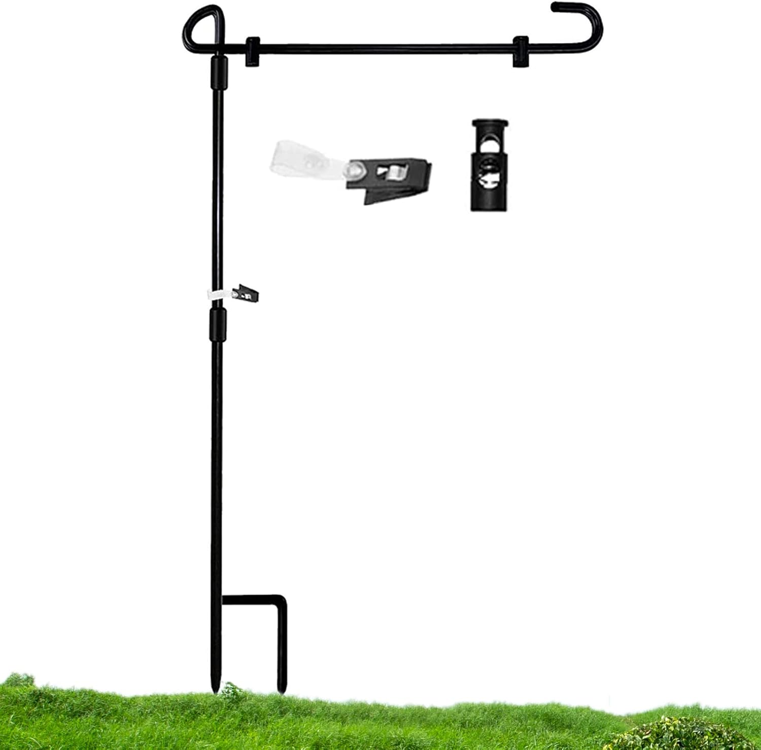 Flagpole Hardware - Garden Flag Stand, Wrought Iron Yard Garden Flag Pole, Premium Garden Flag Pole Holder Metal Powder-Coated Weather-Proof Paint with two Spring Stoppers and one Tiger Clip, without flag (Black)