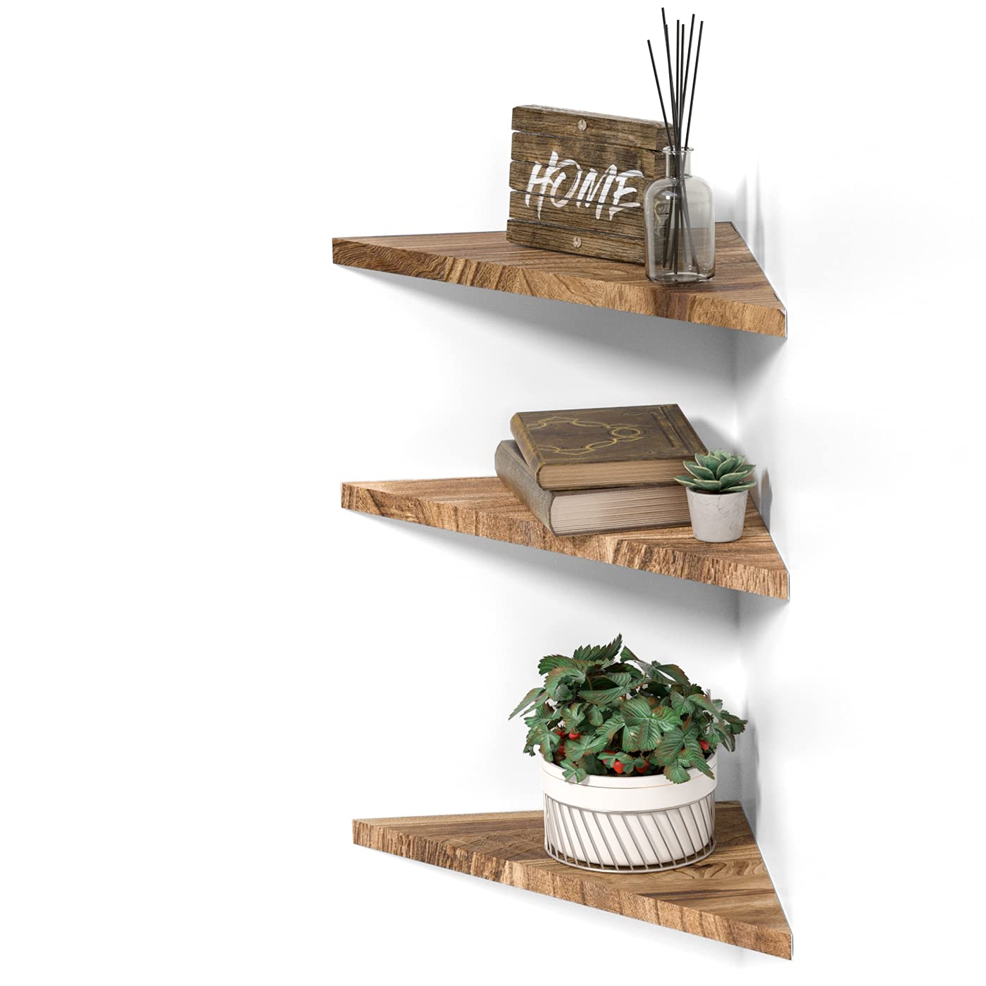 Photo 1 of **mising parts**DELFOY Wall Mounted Rustic Wood Straight Edge Corner Shelf Storage Rack, Bookcase, Floating Shelves Home Decor for Bedroom, Living Room, Office and Kitchen, Set of 3 (Straight Edge)