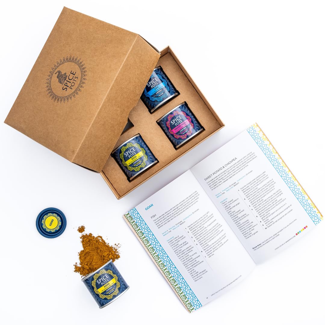Spice Pots Curry Making Gift Set with Indian Cookbook | 4 Blends: Korma, Bhuna, Goan, Tandoori | Cooking Gifts for Men & Women | Authentic Indian Spices | 100% Natural, Vegan & Gluten Free