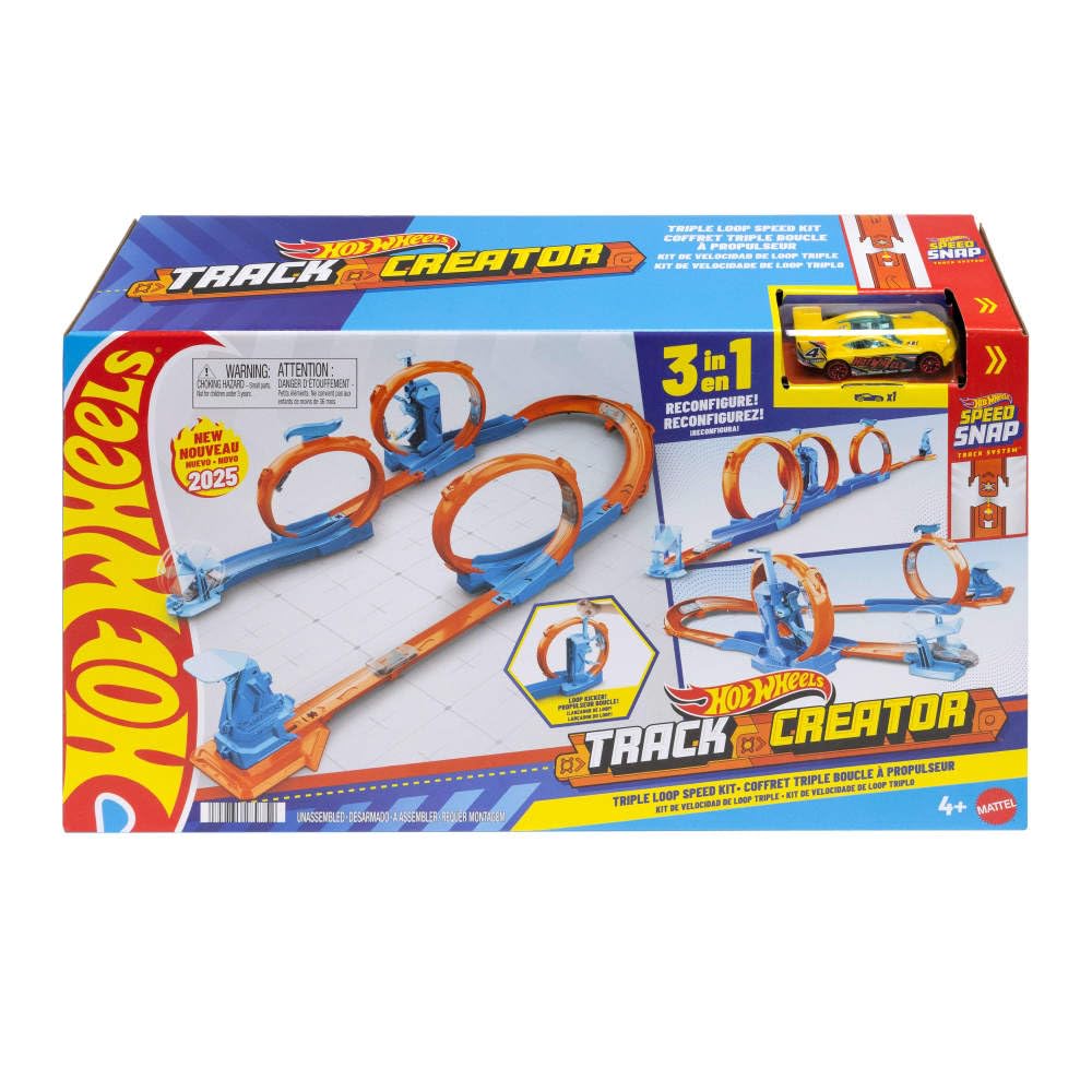 Hot Wheels Toy Car Track Set, Triple Loop Pack & 1:64 Scale Vehicle, Track-Building Components with 3 Loops, Speed Snap Tracks & Adapters