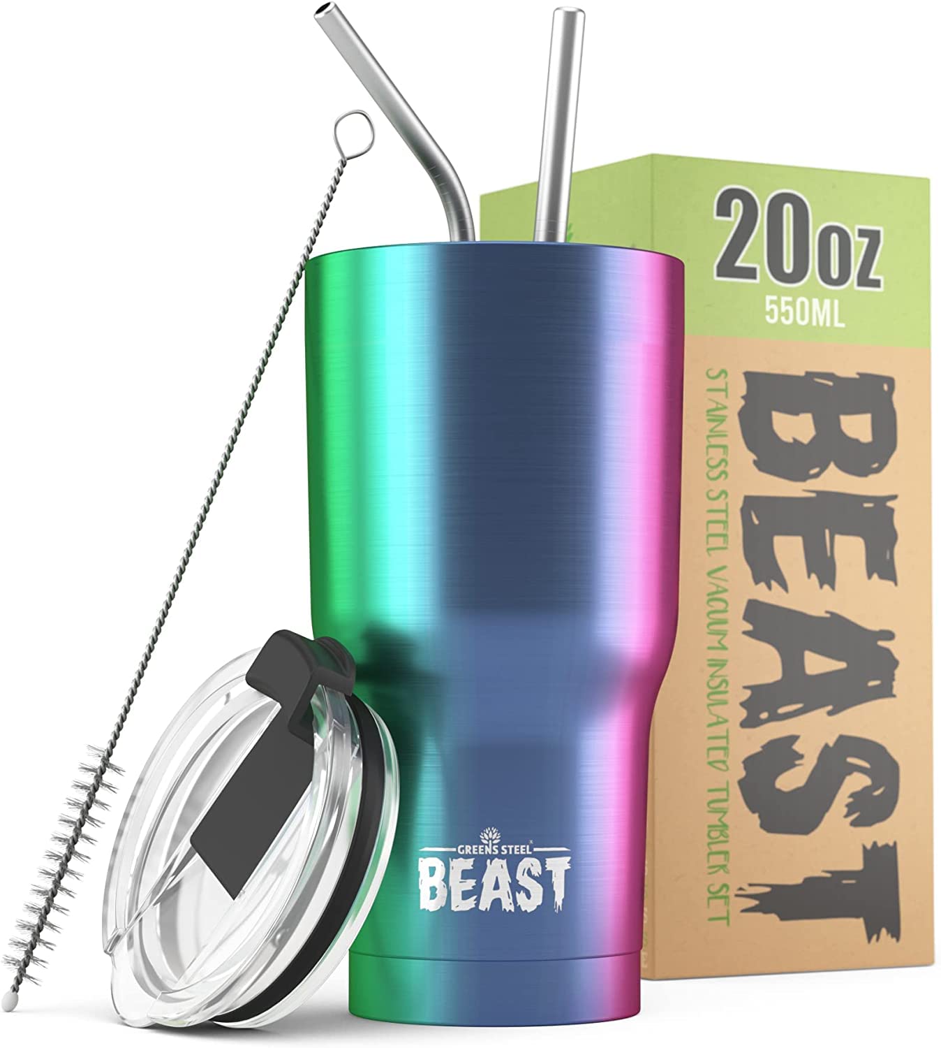 Beast Tumbler - 550 ml (20 oz), Rainbow | Reusable Stainless Steel, Vacuum Insulated Cup | with + 2 Straws & Cleaning Brush | Double Wall Travel Flask Perfect for Hot or Iced Coffee | BPA Free