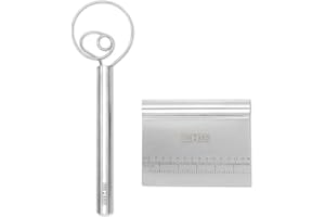 Stainless Steel Danish Dough Whisk and Scraper Set; Danish Dough Whisk 12 Inch Large and 6 x 4.5 Inch Dough/Pastry/Biscuit Cu