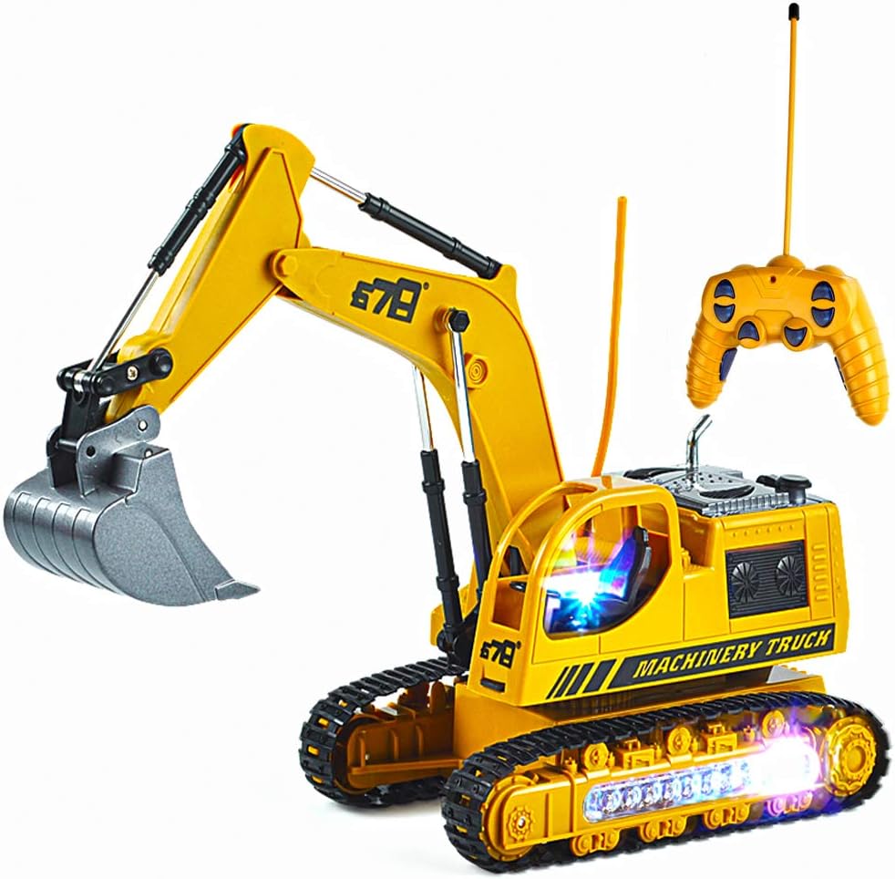 Uizbeer RC Remote Control Construction Excavator Tractor Truck Toy Vehicle, 5CH Full Function Diecast Engineering Digger Car with Metal Shovel Flash Lights for Toddler Boys/Girls