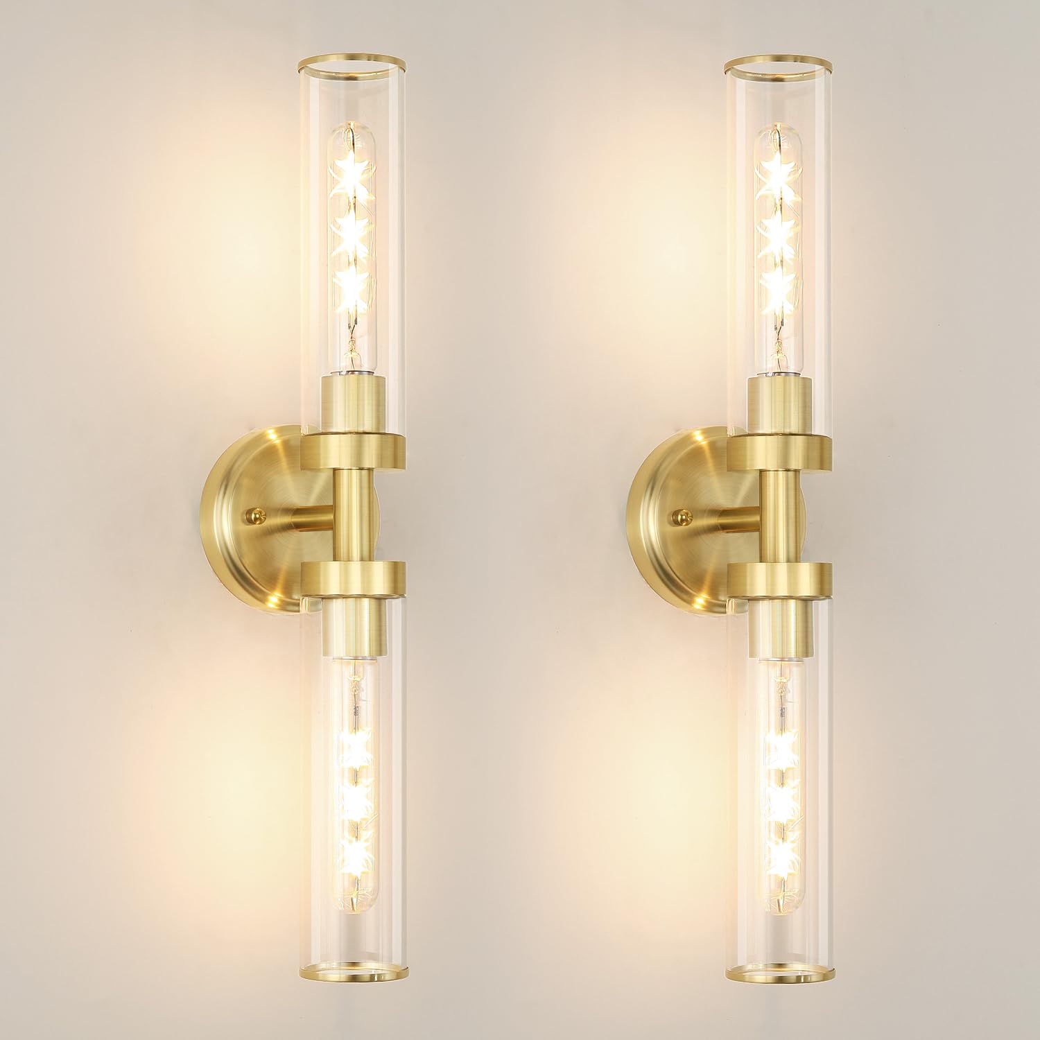 Photo 1 of OIYIO Antique Gold Wall Sconces Set of 2, Modern Bathroom Vanity Lights for Mirror, High-Clarity Glass Wall Light Fixtures with E26 Base (Bulbs Required) for Bathroom, Bedroom, Hallway, 22.05 Inch