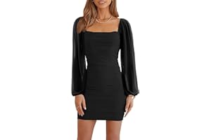 Wenrine Women's Mesh Long Sleeve Square Neck Ruched Party Club Cocktail Bodycon Mini Dress