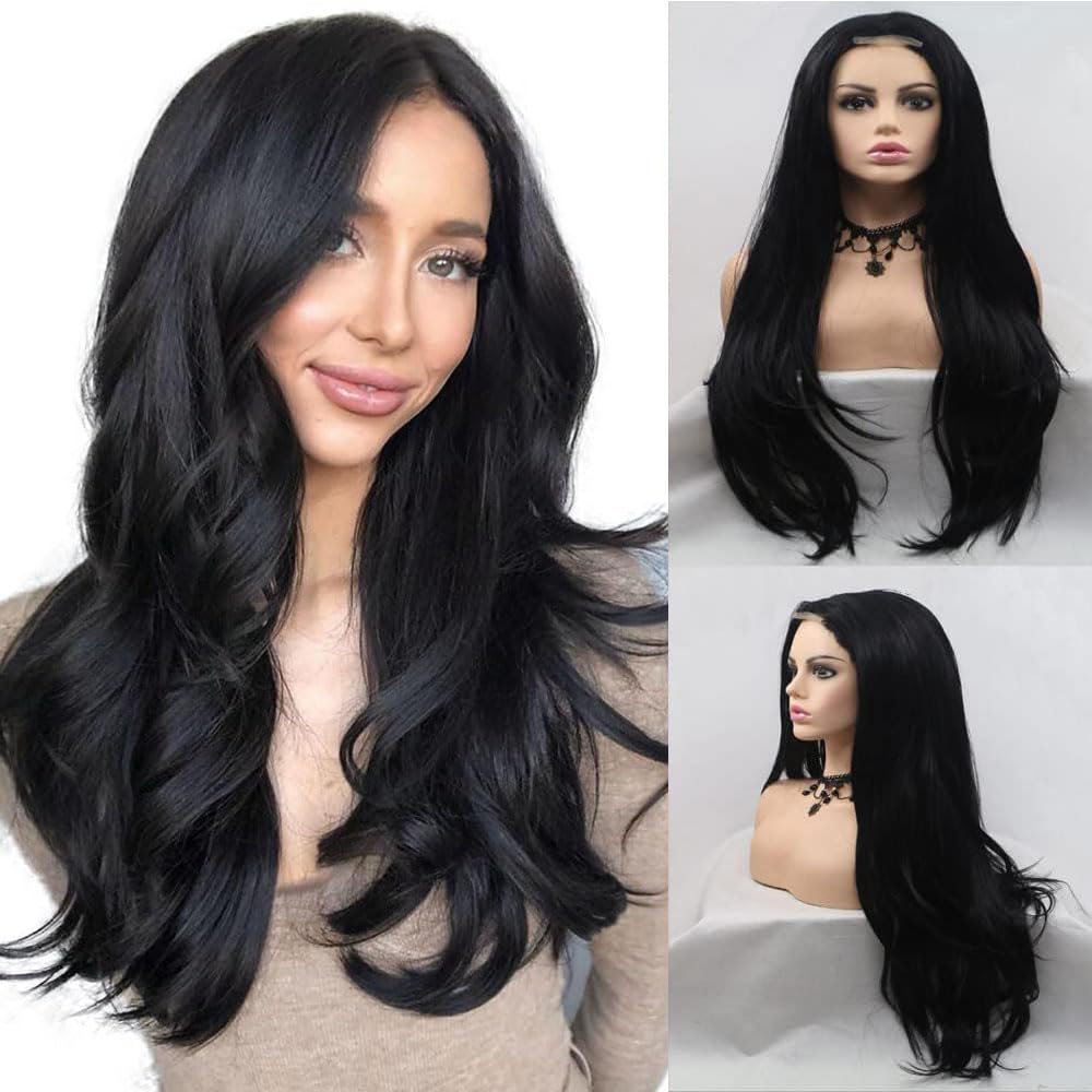 Xiweiya 24" Natural Wave Black Wig Synthetic Wigs 1 * 4 U Part lace for Women Black Hair Heat Resistant Fiber Half Hand Tied