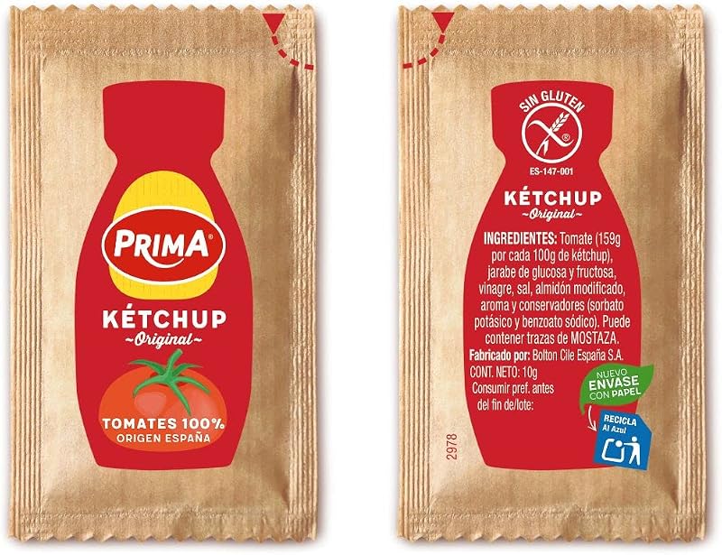 Ketchup original de dose única feito com tomate espanhol. 12 saquetas
