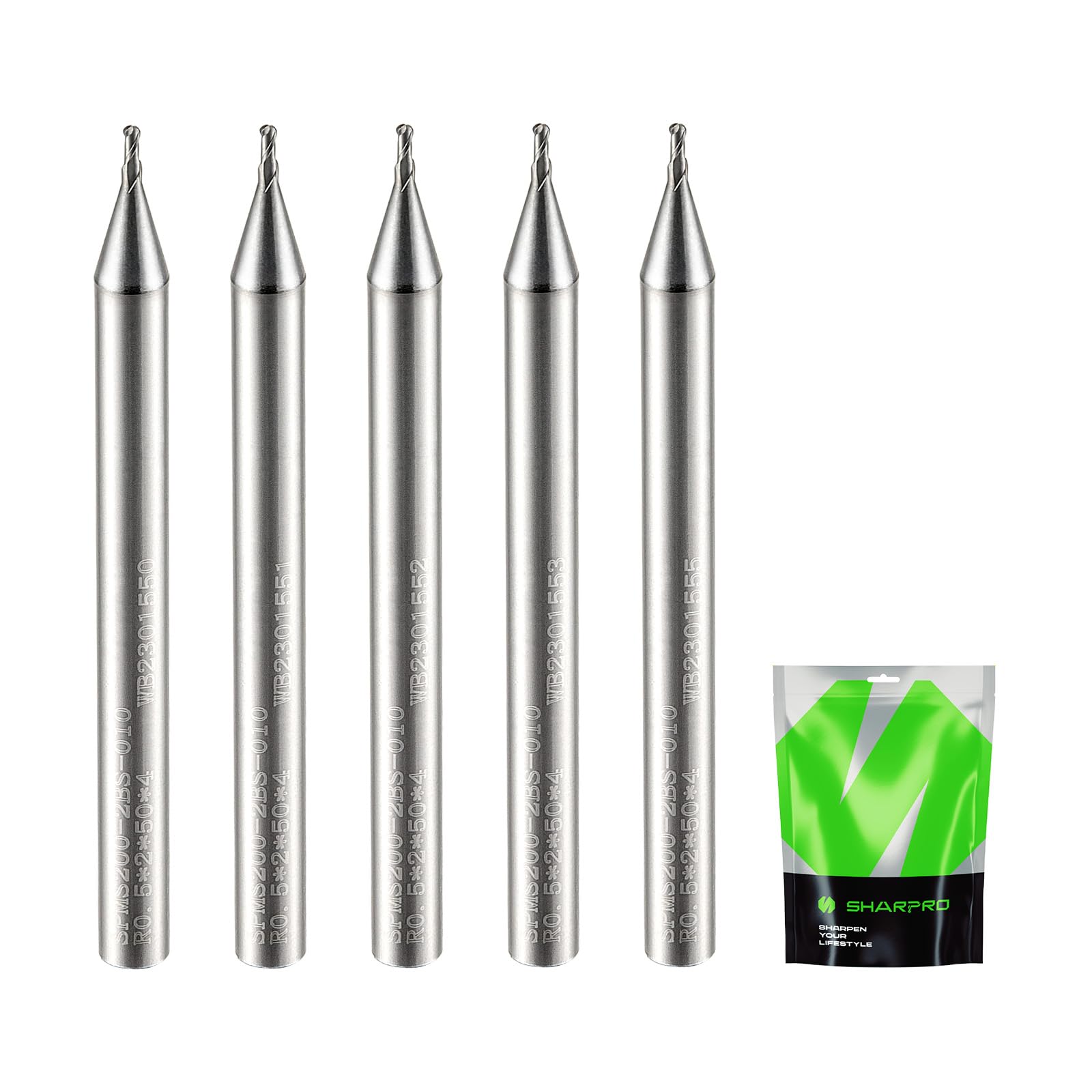 Photo 1 of SHARPRO Carbide Ball Nose End Mills Set 2 Flute 4mm SHK. 1mm Cutting Dia. 3D Carving, High-Speed and Deep Cutting, AlCrN Coated, Apply for Alloy Steel, Stainless Steel and Various Cast Iron. (5PCS)