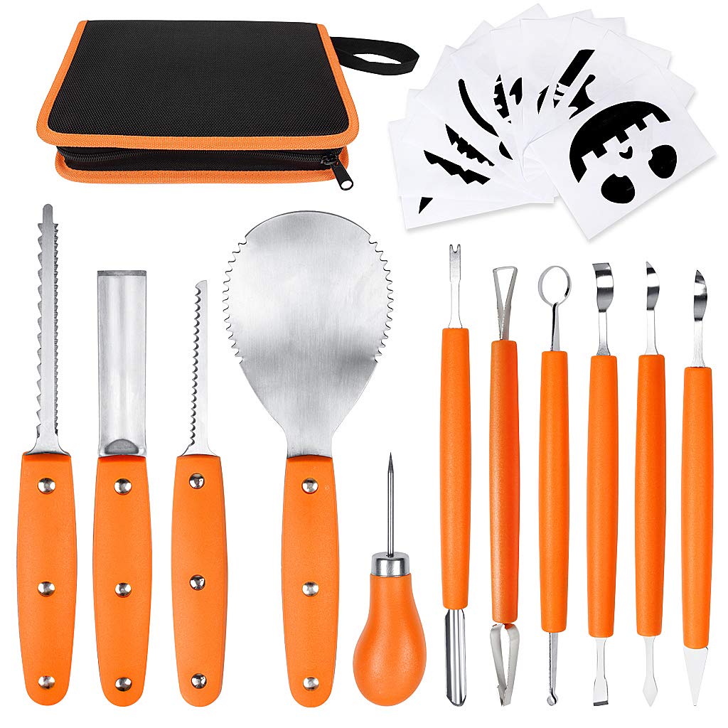 OWUDE Professional Pumpkin Carving Kit - 11 Piece Heavy Duty Stainless Steel Tools for Halloween with Carrying Case and 10 Pcs Carving Templates - Orange