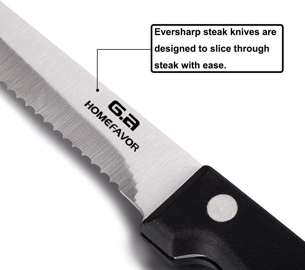 G.a HOMEFAVOR Steak Knife Set Stainless Steel, 8 Pieces Full Tang Sharp Serrated Knives Cutlery Set, Black: Kitchen & Dining