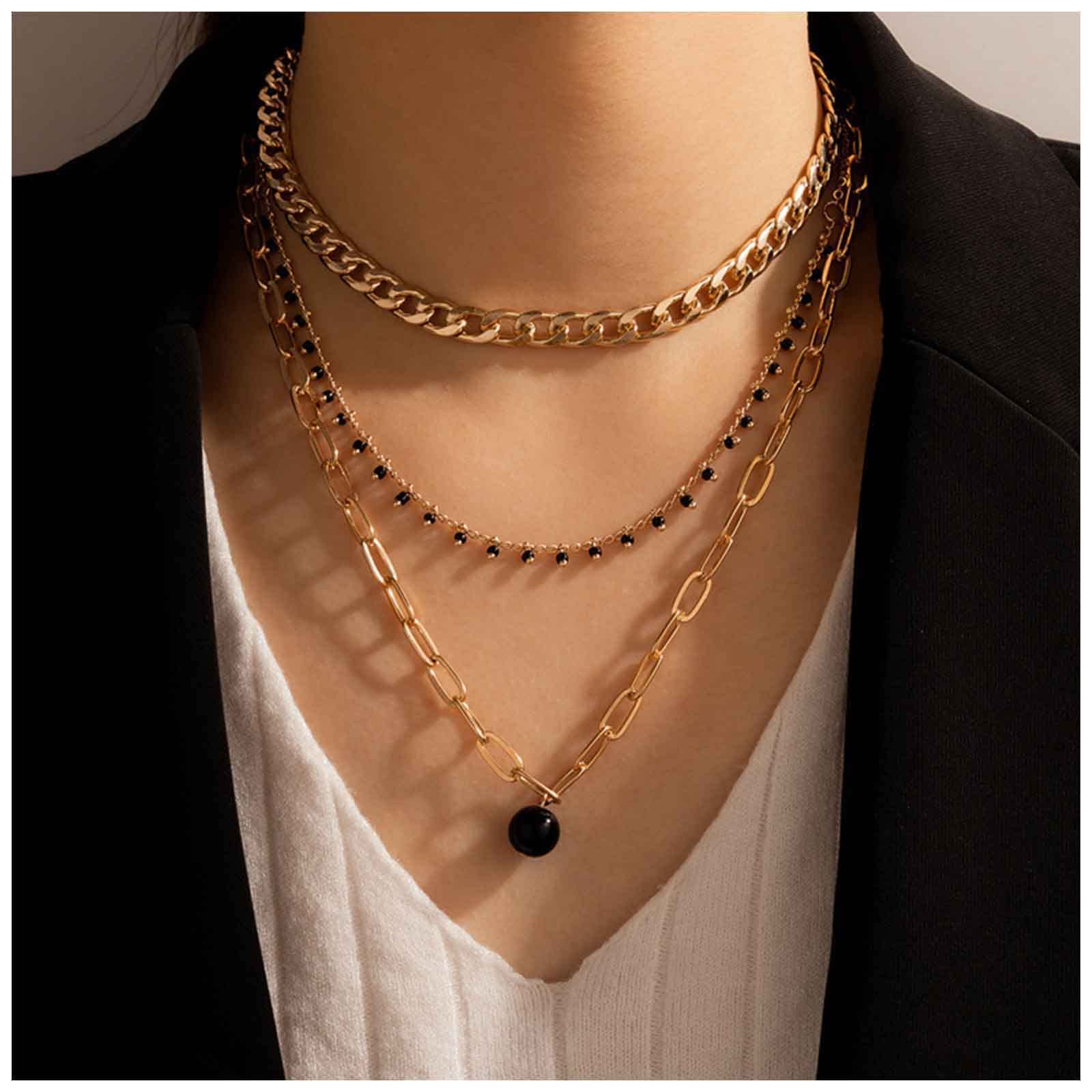 Cimenexe Bohemian Black Bead Pendant Necklace Choker Gold Cuban Chain Necklace Thick Paper clip Necklace Vintage Onyx Layered Choker Necklace Jewelry for Women and Girls