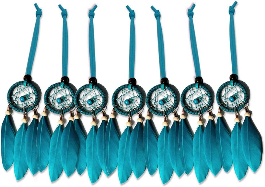 Mini Dream Catcher 7pcs Set - Car Interior Rearview Mirror Dangle Bag Pendant Charm 1.2" Diameter and 9" Long (Blue)