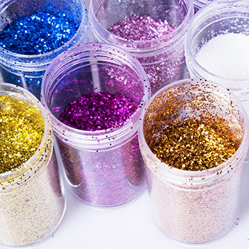Korlon Glitter Powder Shakers, Extra Fine Glitter Set, Arts and Crafts Supplies Loose Cosmetic Glitter, Great for Slime, Scrapbooking, Face, Body, Nail Arts, Holiday Craft, Assorted Colors, Set of 12