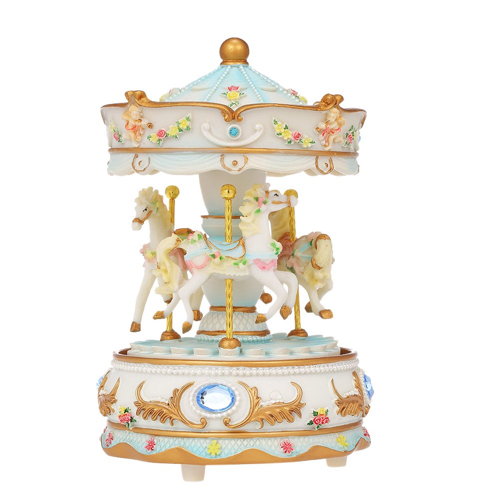 Docooler Mini Carousel Clockwork Music Box Colorful LED Merry-go-round Musical Box Gift for Girlfriend Kids Children Christmas Festival Blue