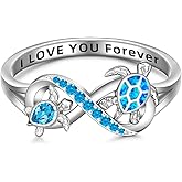 Sea Turtle Ring Blue Opal 925 Turtle Rings for Women Sterling Silver Infinity I Love You Forever Cute Ocean Animal Tortoise Ring Jewelry Mother Day Christmas Gifts