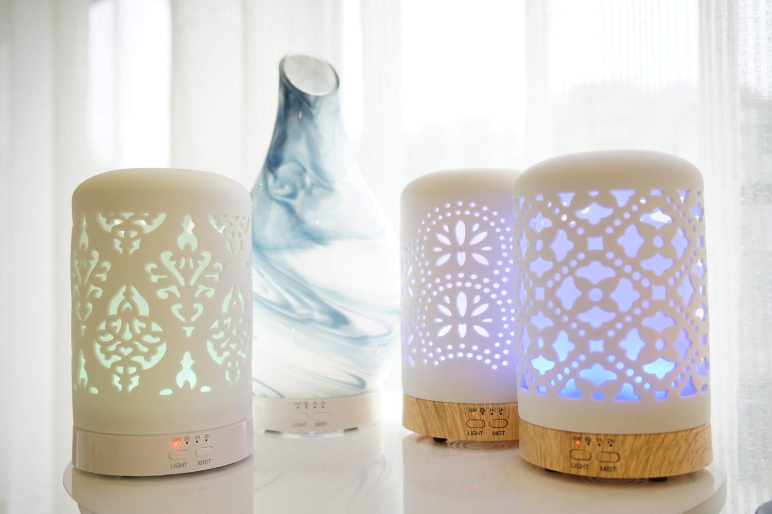 Essential Oil Diffusers White Aroma Ceramic Diffuser with 4 Timer Setting&7 Color LED Lights (Damask) : Beauty